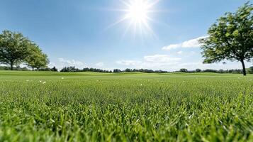 Lush green grass under bright sun with clear blue skies and trees photo