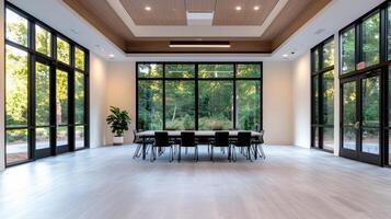 Modern conference room with large windows and natural light photo