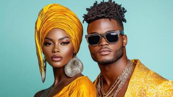 Stylish couple in vibrant yellow attire with modern accessories photo