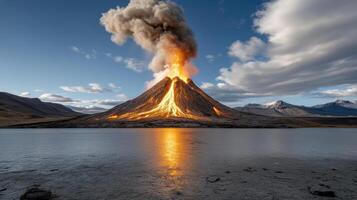 powerful volcanic eruption with lava flow and smoke against scenic landscape photo