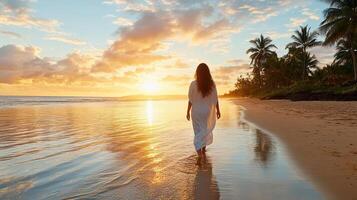 woman in flowing dress walks along serene beach at sunset photo