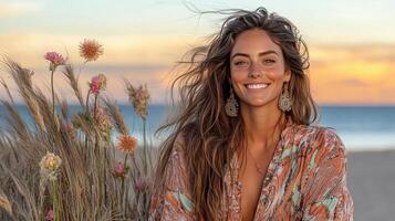 joyful woman with long hair smiles at beach, surrounded by flowers photo