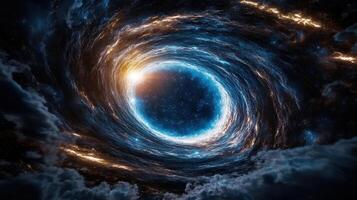 glowing wormhole in space surrounded by swirling clouds and stars photo