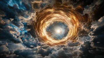 glowing wormhole surrounded by swirling clouds and cosmic light photo