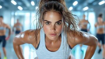 Athletic woman performing cardio routine in vibrant gym setting photo