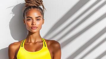 Confident woman in bright yellow sports bra with striking features photo