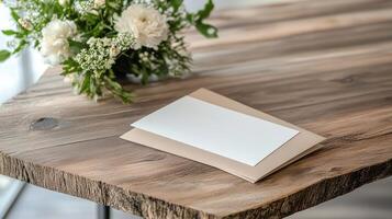 Elegant wedding invitation on rustic wooden table with flowers photo