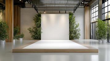 modern fashion runway with minimalist design and greenery photo