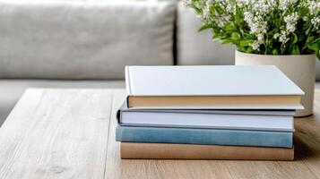 Stack of books on wooden table with potted plant in background photo