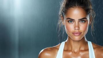 Strong woman with defined abs, illuminated in rain, showcasing confidence and strength photo