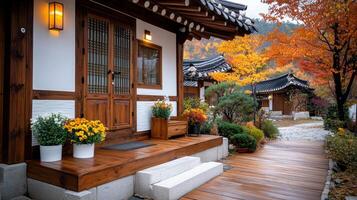 beautiful hanok village in Seoul with traditional wooden architecture and autumn foliage photo