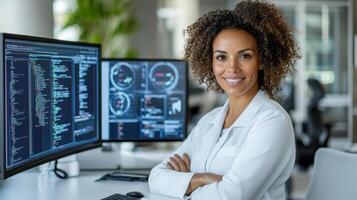 confident woman in lab coat sits in front of computer screens displaying code and data photo