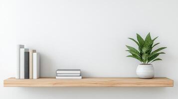 Modern open shelving unit displaying books and potted plant photo