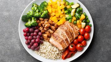 colorful plate filled with lean protein, whole grains, and fresh vegetables photo