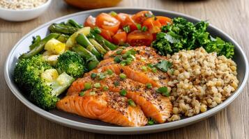 Delicious salmon fillet served with vegetables and whole grains photo