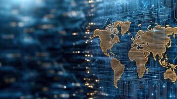 Digital world map with circuit patterns and glowing connections photo