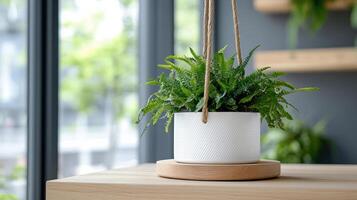 cozy indoor garden setup featuring hanging plant in white pot photo