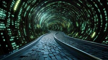digital tunnel with flowing binary data and textured pathway evokes sense of innovation photo