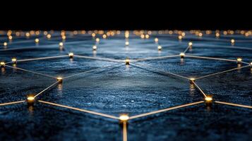 futuristic blockchain network with glowing nodes on dark surface photo