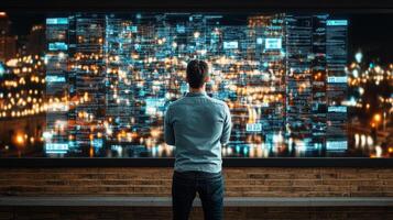 man analyzes data on large digital screen in city at night photo