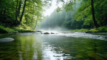 serene forest river flowing through dense fog, creating eerie yet peaceful atmosphere photo