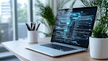 modern laptop displaying digital data on wooden desk with plants photo