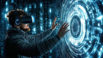 Immersive virtual reality experience with man interacting with digital elements photo