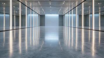 modern, minimalist space with mirrored walls and bright lighting creates futuristic atmosphere photo