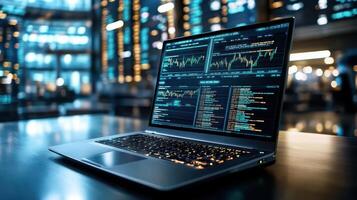 high tech laptop displaying financial market dashboard with data analysis photo