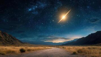 glowing meteor shower lights up night sky over serene landscape photo