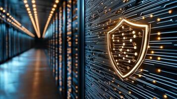 Futuristic firewall visualization with glowing shield and data lines photo
