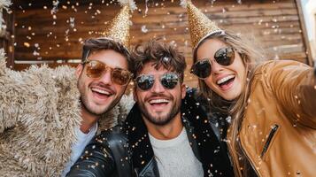 Group of friends celebrating with party hats and sunglasses, joyful moments photo