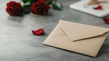 romantic love letter in sealed envelope with red roses nearby photo