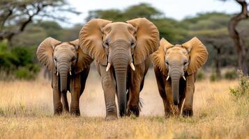 Herd of elephants walking gracefully through open savanna landscape photo