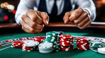 High stakes poker game with colorful chips and focused players photo