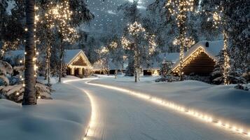 magical winter scene with glowing lights illuminating snowy path photo