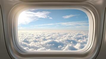 stunning view from airplane window showcasing fluffy clouds and blue sky photo