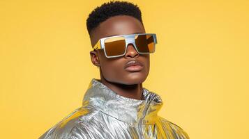 stylish model wearing futuristic sunglasses against bright yellow background photo