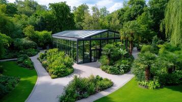 A glass house surrounded by lush green trees photo