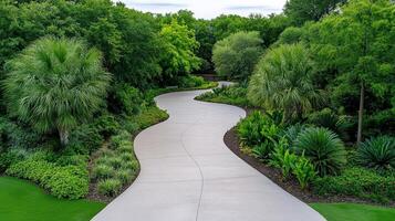 A walkway in a lush green park with trees and plants photo