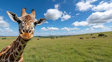 A giraffe standing in a field with other animals photo
