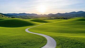 A long path in a green field with mountains in the background photo