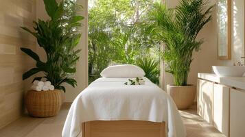 A spa room with a bed and a potted plant photo