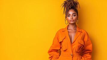 A beautiful young woman in an orange jumpsuit photo