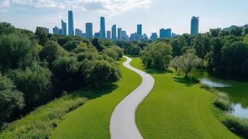 A path leads to a river and city skyline photo
