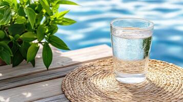 A glass of water sitting on a table near a pool photo