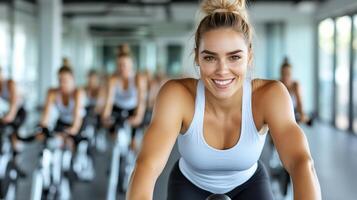 A woman is smiling while riding a stationary bike photo