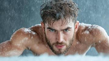 A man in the rain with his shirt off photo