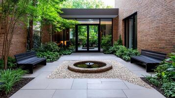 A courtyard with a water feature and benches photo