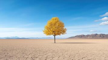 solitary tree with golden leaves stands in dry landscape under blue sky photo